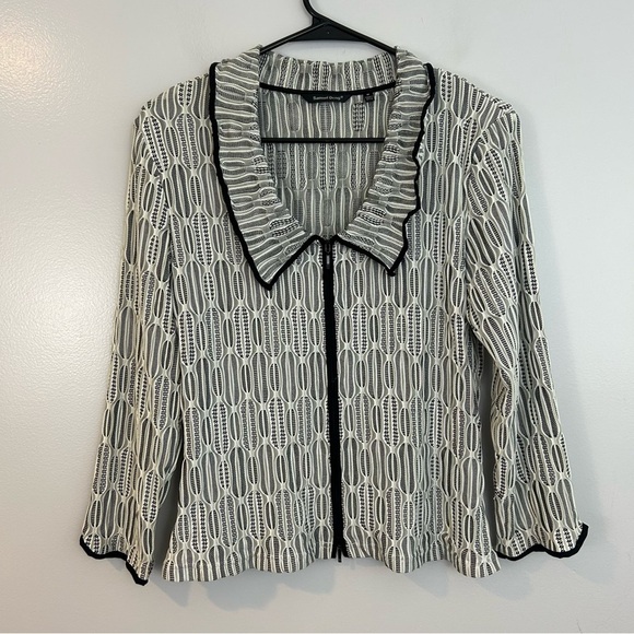 Samuel Dong Black/White Geometric Ruffle Neck Stretch Zip Up Cardigan Jacket M - Picture 1 of 10